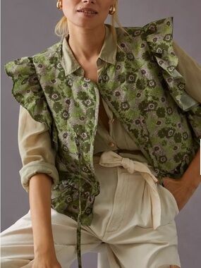 Anthropologie Olive Green Floral Quilted Vest with Pink Accents